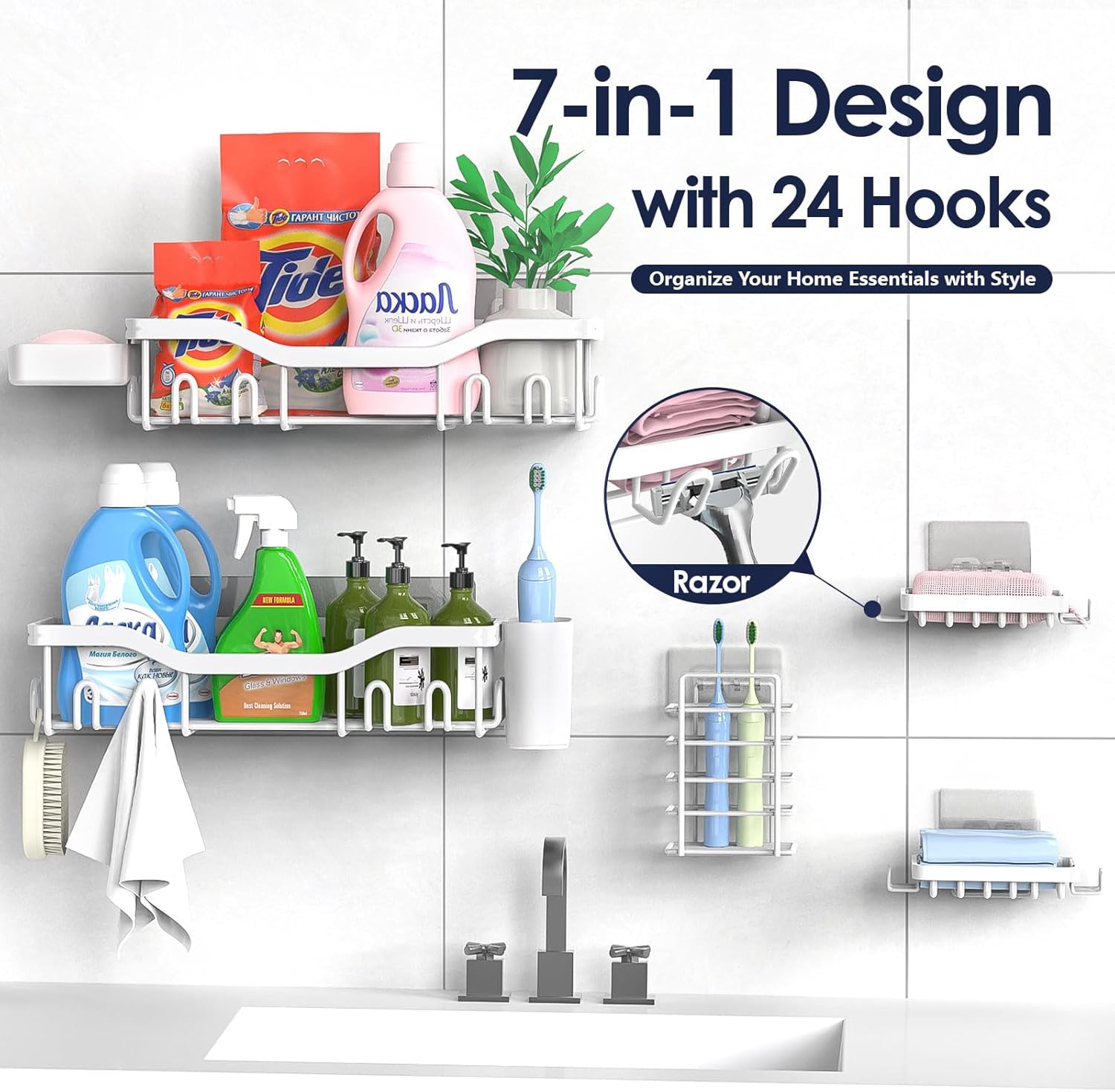 NESOMI Shower Caddy - Rustproof Stainless Steel Organizer with Large Capacity | 7-Pack No-Drill Storage Solutions