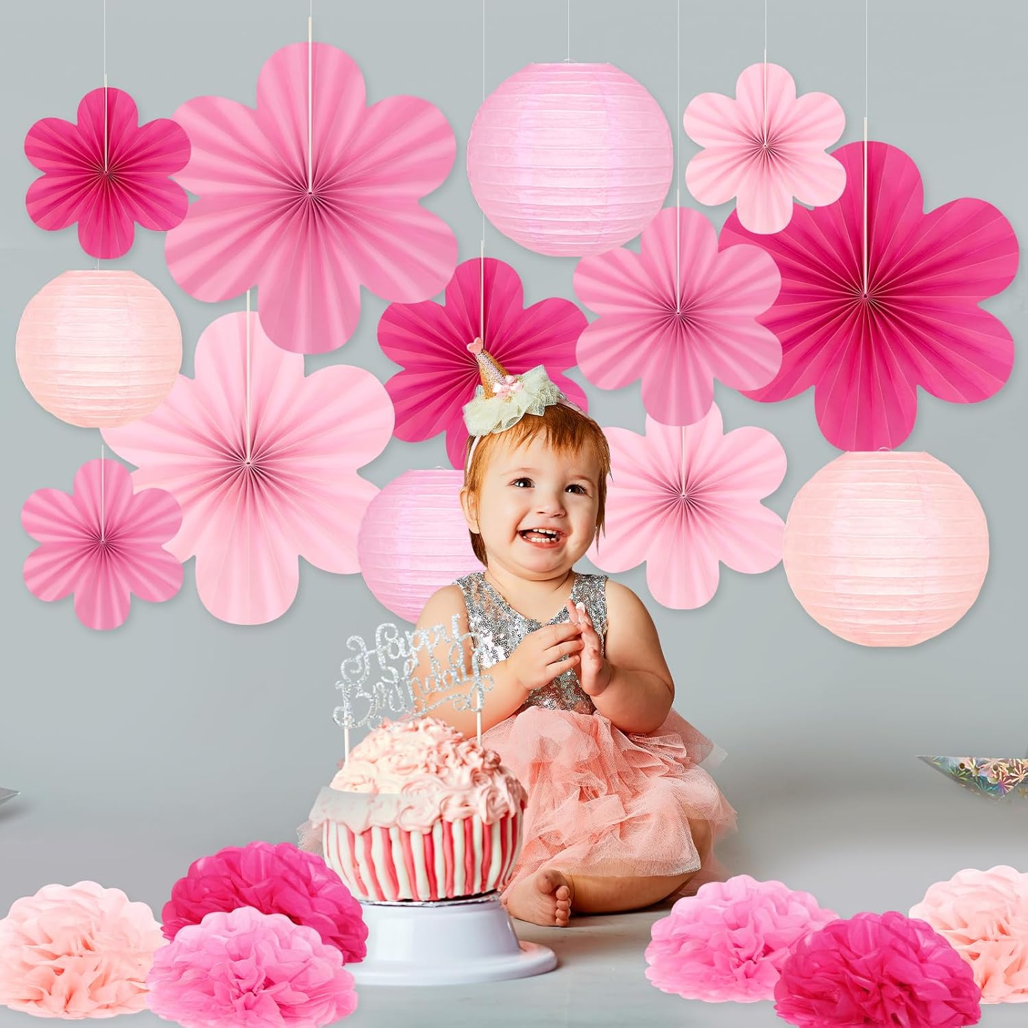 Skiennix 19 Pcs Pink Party Decorations - Light Hot Pink Hanging Lanterns & Tissue Pom Poms for Birthdays & Weddings