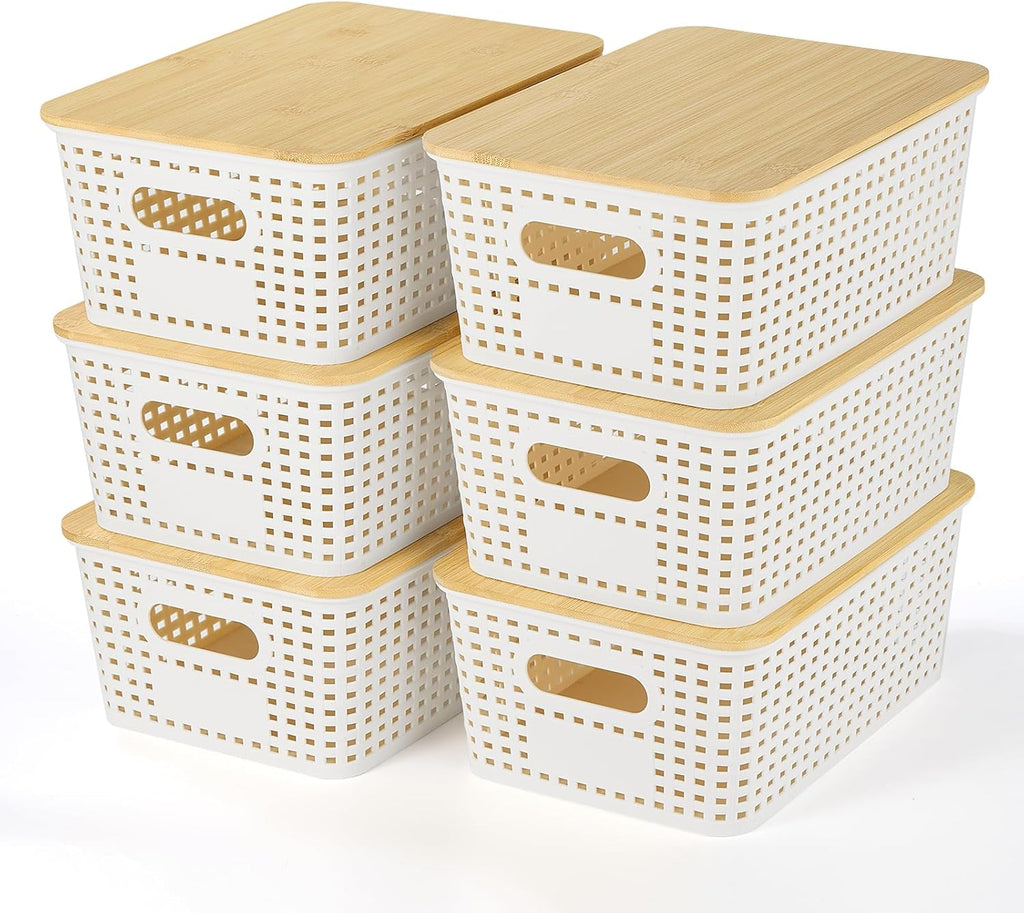 Ohmlove Plastic Storage Baskets - Stackable Containers with Bamboo Lid for Organizing | 6-Pack Set