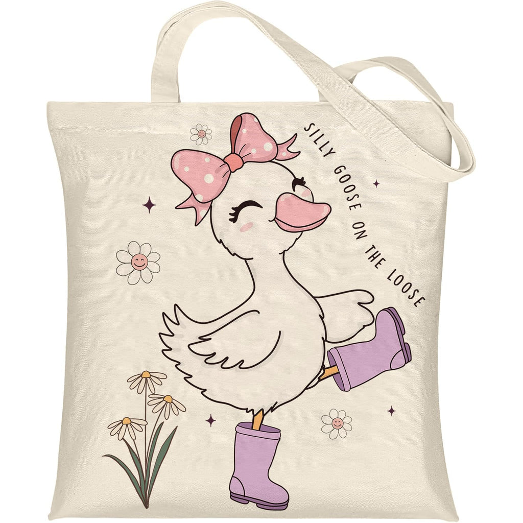 Silly Goose Canvas Tote Bag With Inner Pockets,Cute Reusable Bag for Lunch Grocery Shopping and Beach,Women Lady Canvas Cotton Tote,Birthday Gifts for Goose Lovers