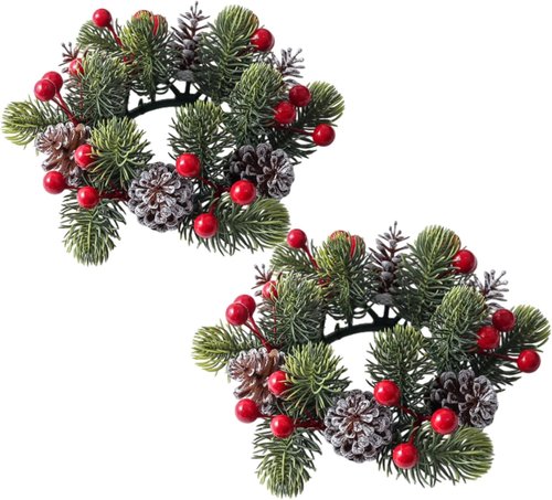 Christmas Candle Rings - Artificial Berries & Pinecones | 3-Inch Wreaths for Festive Table Decor