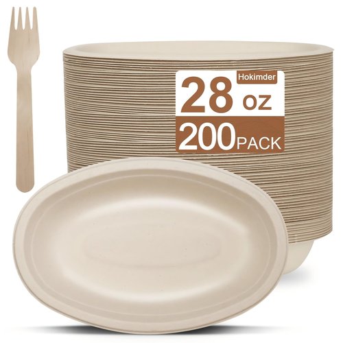 100 Pack 28 oz Oval Paper Bowls【with 100 Forks】, Compostable Bagasse Disposable Bowls, Microwave Safe Serving Bowl, Heavy Duty Paper Bowl Perfect for Nacho, Burrito, Salads, Pasta, Party Supplies