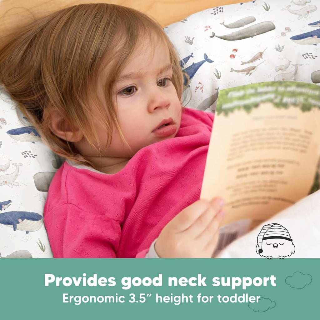 My Little Dreamy Toddler Pillow - Organic Cotton Travel Bed Pillow with Soft Pillowcase | 13x18, Machine Washable, Ideal for Ages 2-5 (Marine)
