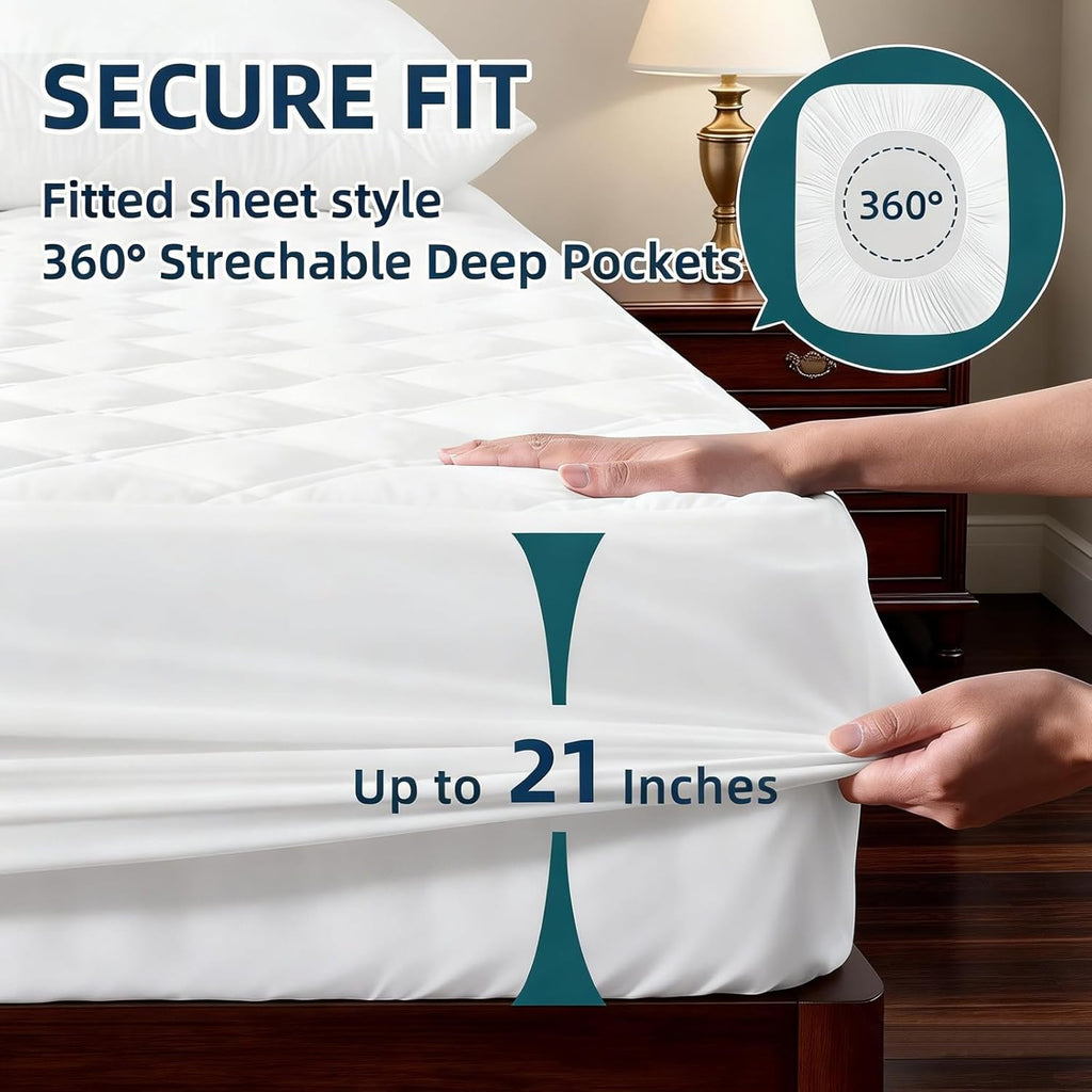 Skiennix Waterproof Mattress Protector - Soft Noiseless Bed Cover for Queen Size | Deep Pocket, Washable, White
