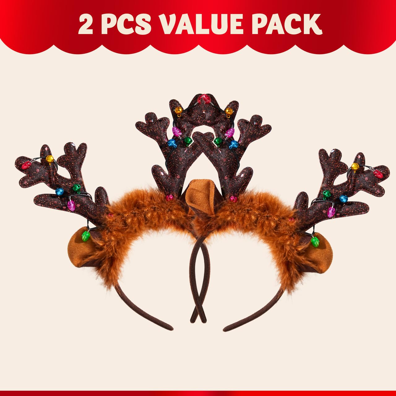JOYIN Christmas 2Pcs Light Up Headband, Cute Reindeer Headband with LED Bulbs for Adult Kids Party Favor Supplies Xmas Accessories Christmas Holiday
