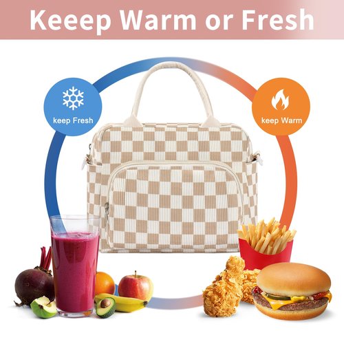 GASSDA Lunch Box for Women Insulated Lunch Bag Women Adult Cute Lunch Bags Reusable Lunchbox Cooler Tote Bag for Work Picnic (Beige-Brown Plaid)
