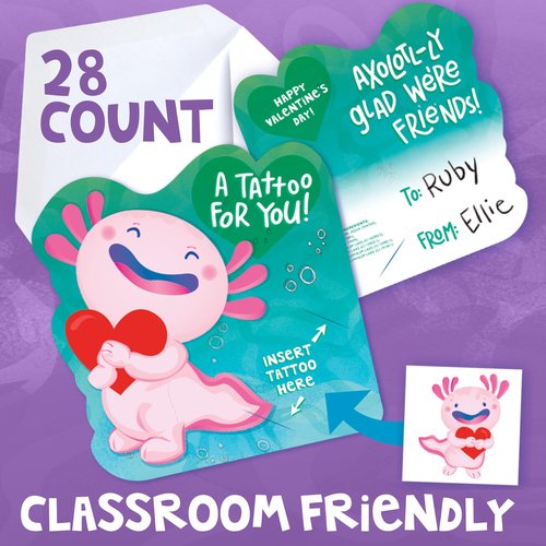Peaceable Kingdom Valentines Box for Kids, Valentines Day Box Kit for Valentine Cards for Kids Classroom - Axolotl Tattoo