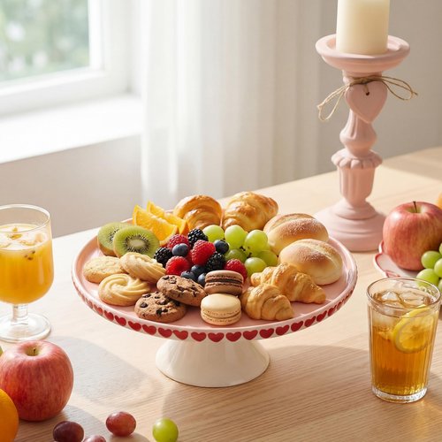 Lallisa 10" Ceramic Heart Cake Stand Pink Round Dessert Plate with Red Heart Edges Wedding Cake Pedestal Stand Display for Valentine's Day Birthday Wedding Party Decorating