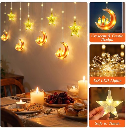 Lewondr Curtain String Lights - 138 LED Moon & Star Fairy Lights with Remote Control | USB Powered, 8 Modes, Orange