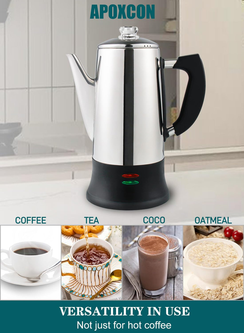 APOXCON Electric Coffee Percolator Stainless Steel Coffee Maker with Two Heat Resistant Tough Glass Clear Brew Progress Knob Classic Look Keep Warm & Cordless Serving Coffee Pot 12 Cup
