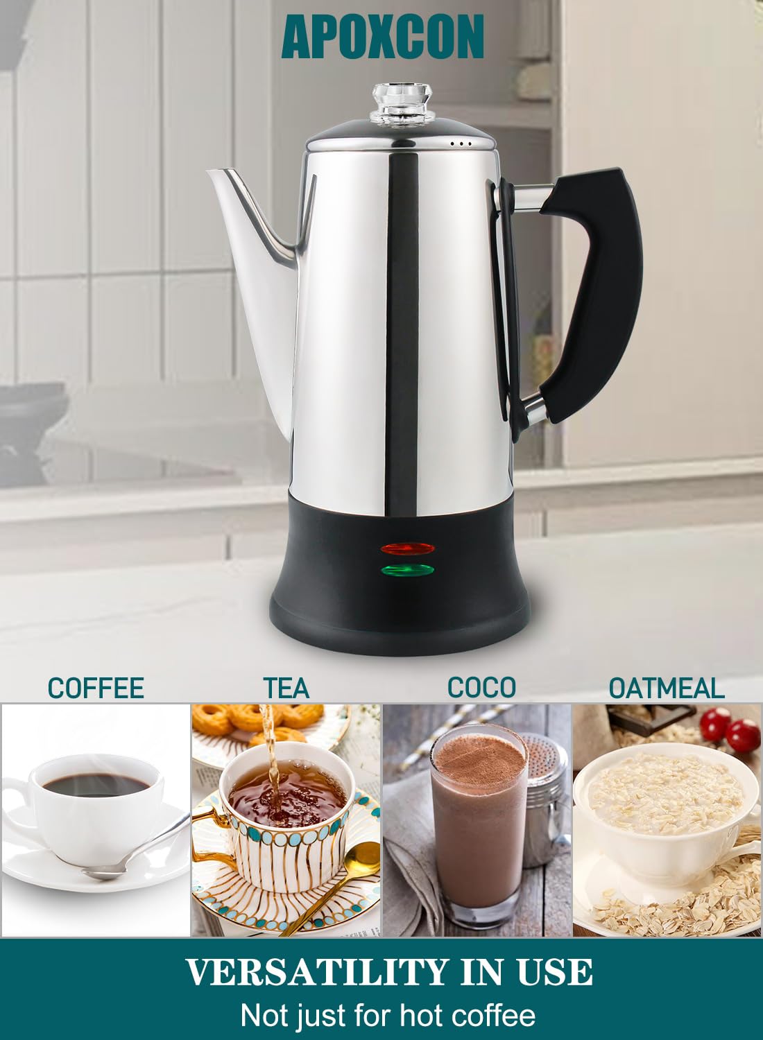 APOXCON Electric Coffee Percolator Stainless Steel Coffee Maker with Two Heat Resistant Tough Glass Clear Brew Progress Knob Classic Look Keep Warm & Cordless Serving Coffee Pot 12 Cup