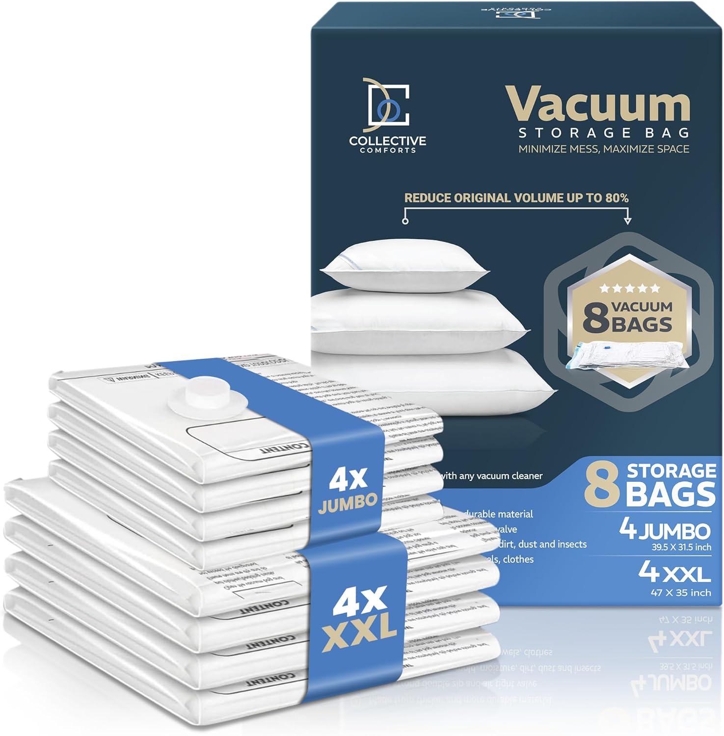 Skiennix Vacuum Storage Bags - 8 Pack of 4 XXL & 4 Jumbo Compression Bags for Blankets & Clothing