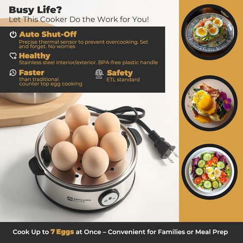 Annie & Mia Design Electric Egg Cooker - Stainless Steel 7 Egg Capacity, Multi-Function Poacher & Steamer