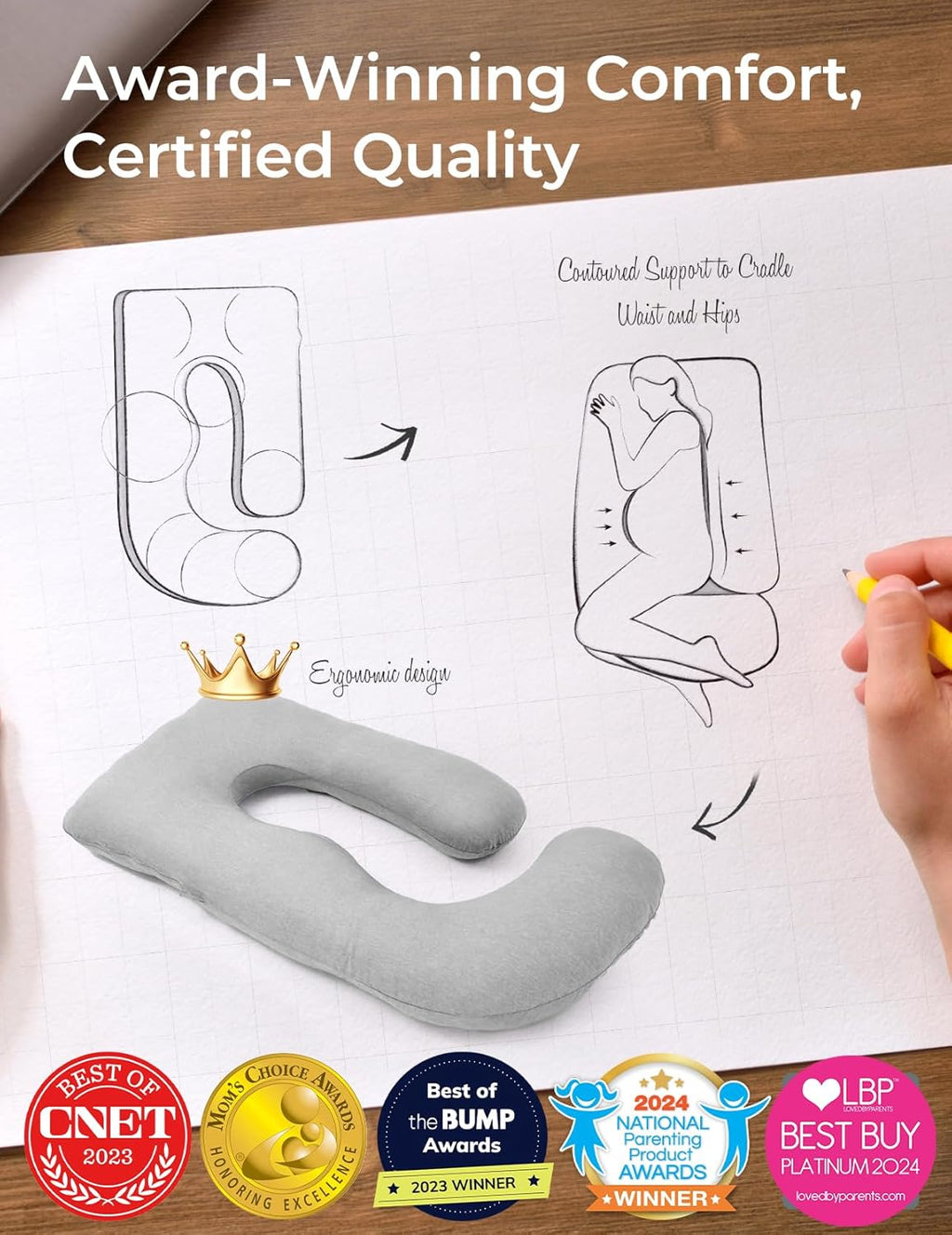 Momcozy U Shaped Pregnancy Pillow - Full Body Support with Removable Jersey Cotton Cover, 57 Inch, Grey