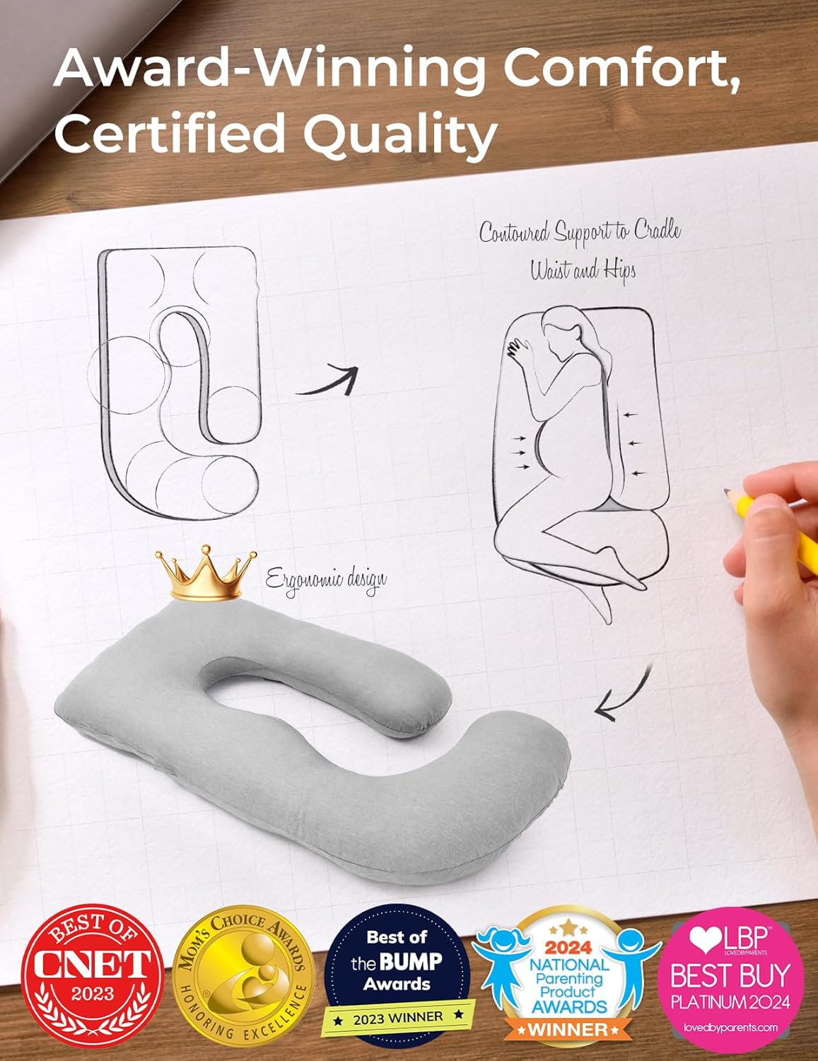 Momcozy U Shaped Pregnancy Pillow - Full Body Support with Removable Jersey Cotton Cover, 57 Inch, Grey