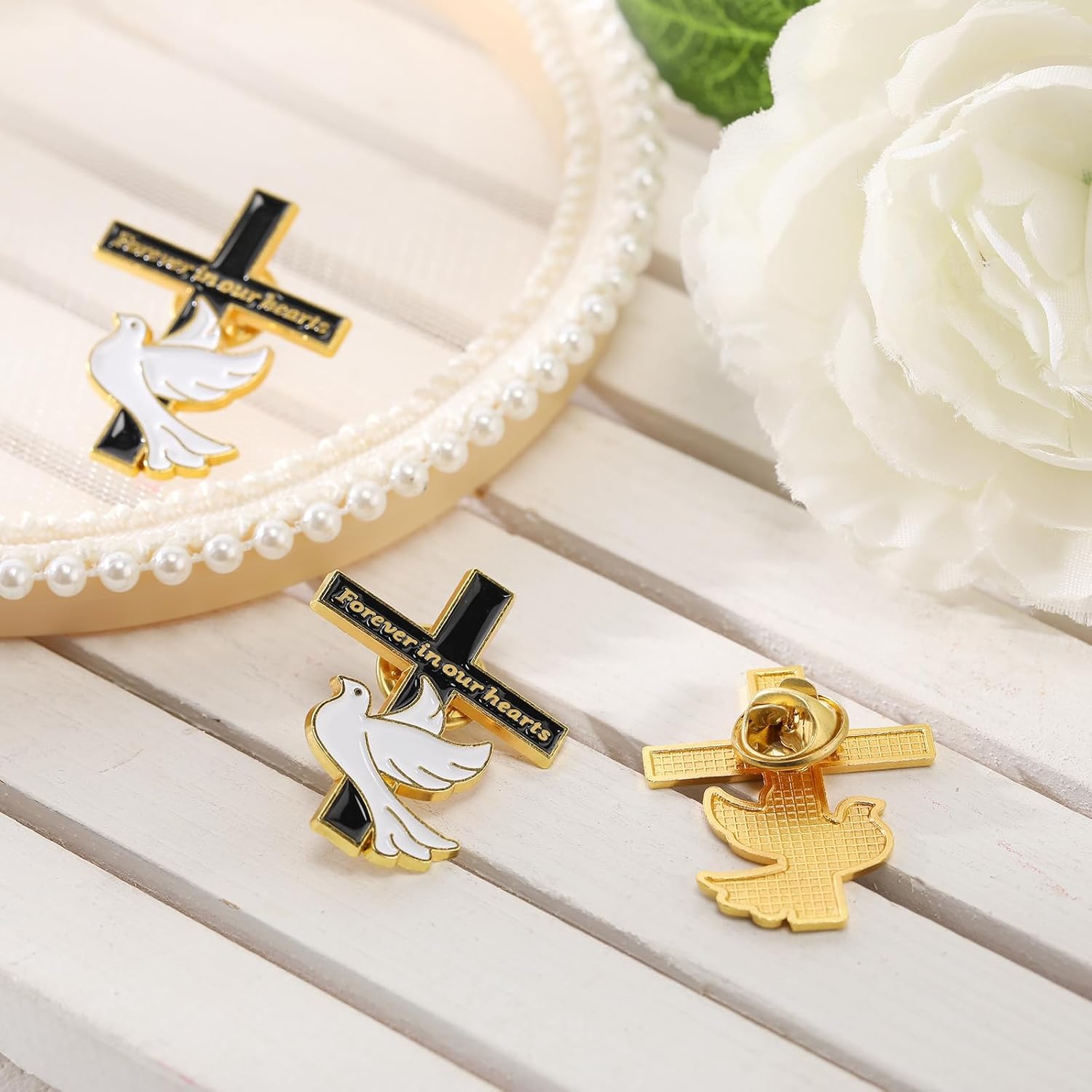 Misdary Memorial Dove Cross Lapel Pins - Bulk Funeral Favors for Guests | Forever in Our Hearts