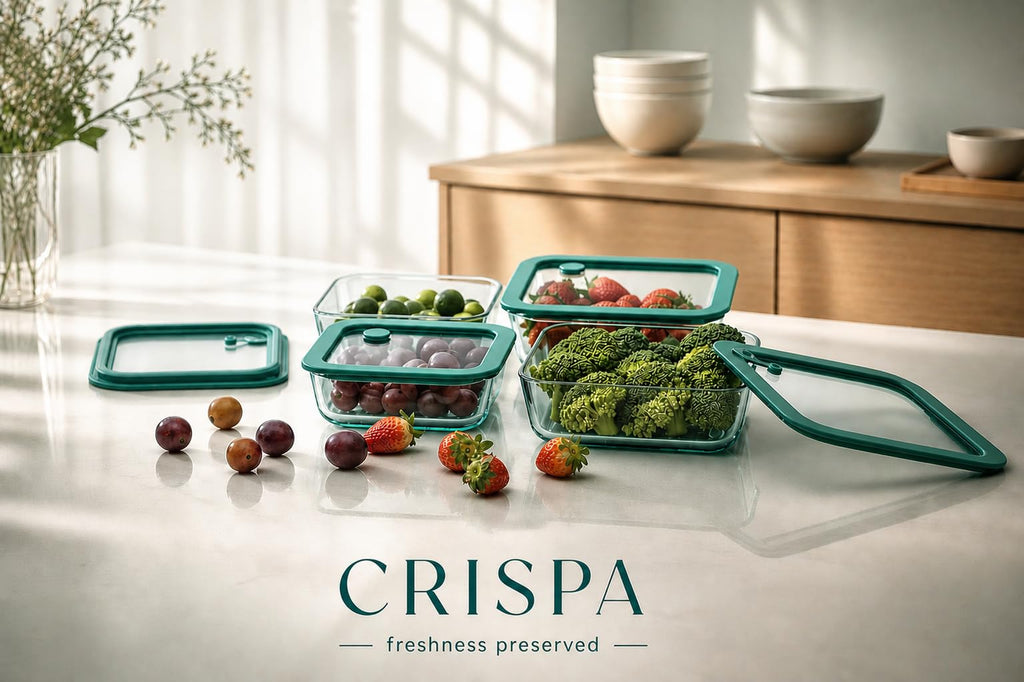 Crispa 8-Piece Teal Glass Food Storage Containers with Silicone Framed Glass Lids – 100% Plastic-Free Lunch Box Meal Prep Set (2x 40oz, 2x 20oz) – Leakproof Airtight Borosilicate for Freezer to Oven
