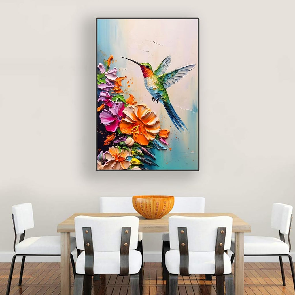 Skiennix Hummingbird Wall Art - Colorful 2D Canvas Print with Spring Flowers | 16x24 in Stretched Frame