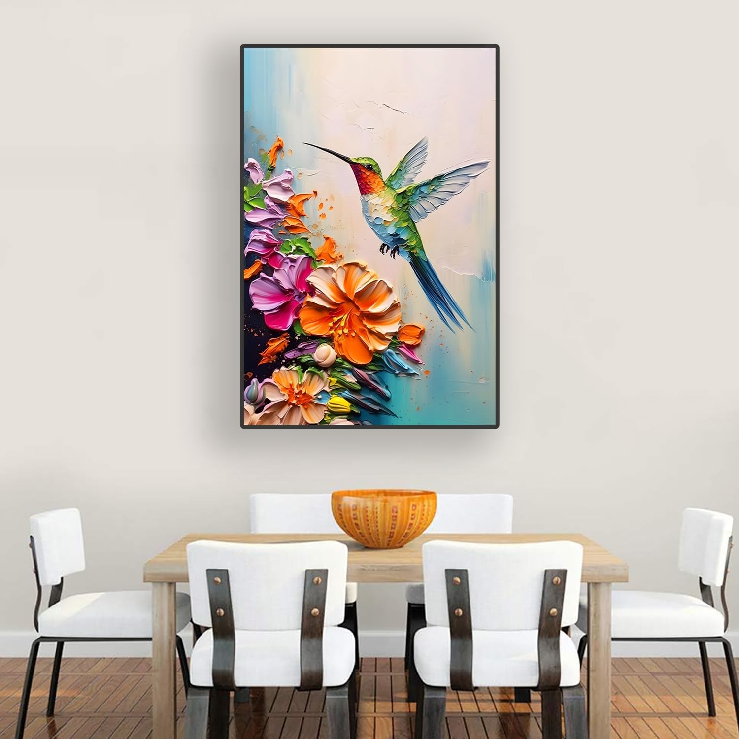 Skiennix Hummingbird Wall Art - Colorful 2D Canvas Print with Spring Flowers | 16x24 in Stretched Frame