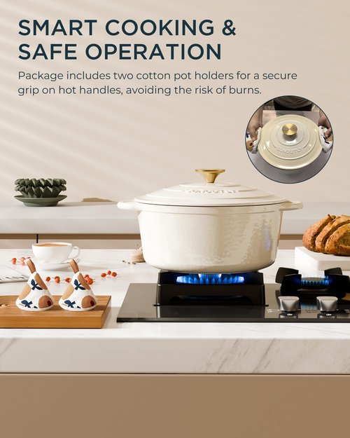 Enameled Cast Iron Dutch Oven - 7.5QT Pot with Lid & Cotton Potholders - Heavy-Duty Cookware for Braising, Stews, Roasting, Bread Baking, Oven Safe up to 500° F & Across All Cooktops, Cream White