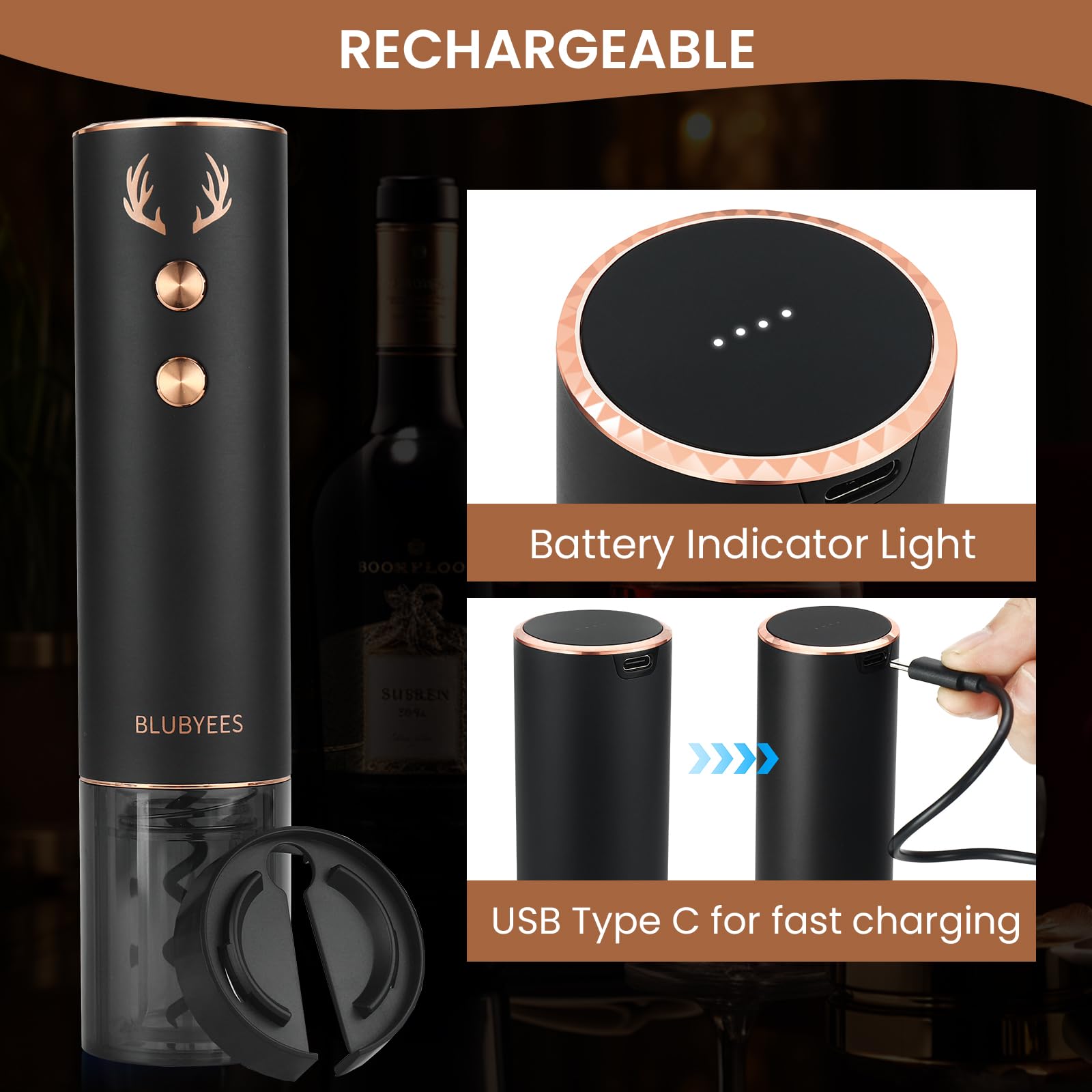 BLUBYEES 4-in-1 Rechargeable Electric Wine Opener Set - Automatic Corkscrew, Foil Cutter, Aerator Pourer, Vacuum Stopper - Wine Lovers Gifts for Women and Men
