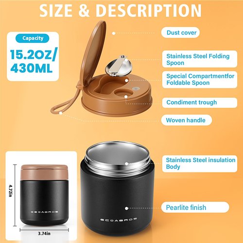 eedabros 15.2oz Kids Vacuum Insulated Food Jar – 316 Stainless Steel Soup Thermo for Hot Food – Leakproof Wide Mouth for School, Kids, Teens & Adults (Pink)