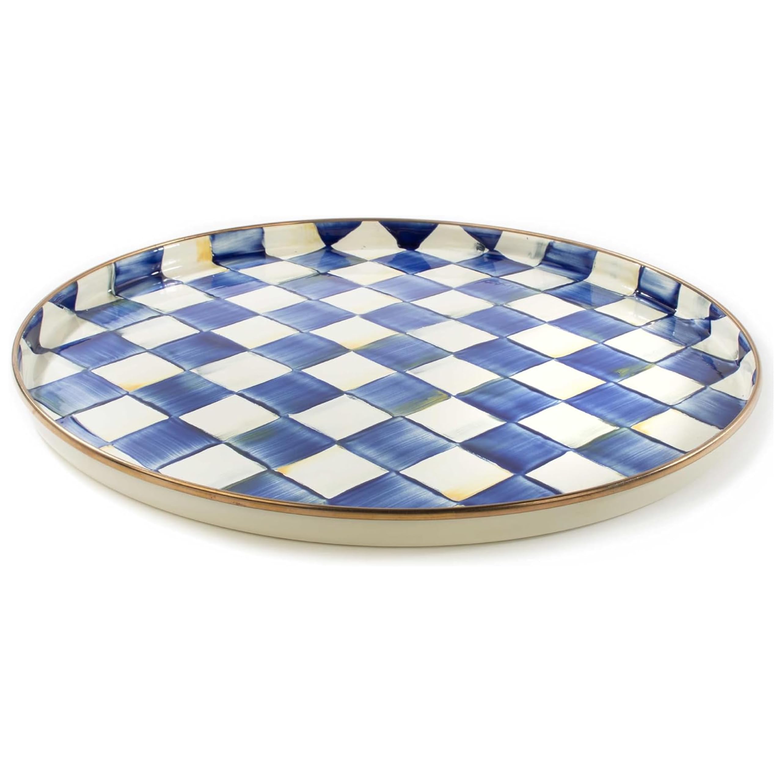 MACKENZIE-CHILDS Enamel Round Tray, Unique Serving Platter for Food and Drinks, Blue-and-White Royal Check