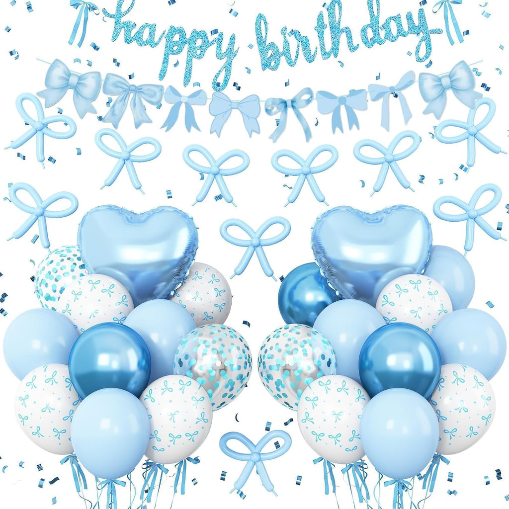 Skiennix Blue Bow Birthday Decorations - Coquette Party Set with Happy Birthday Banner & Foil Balloons