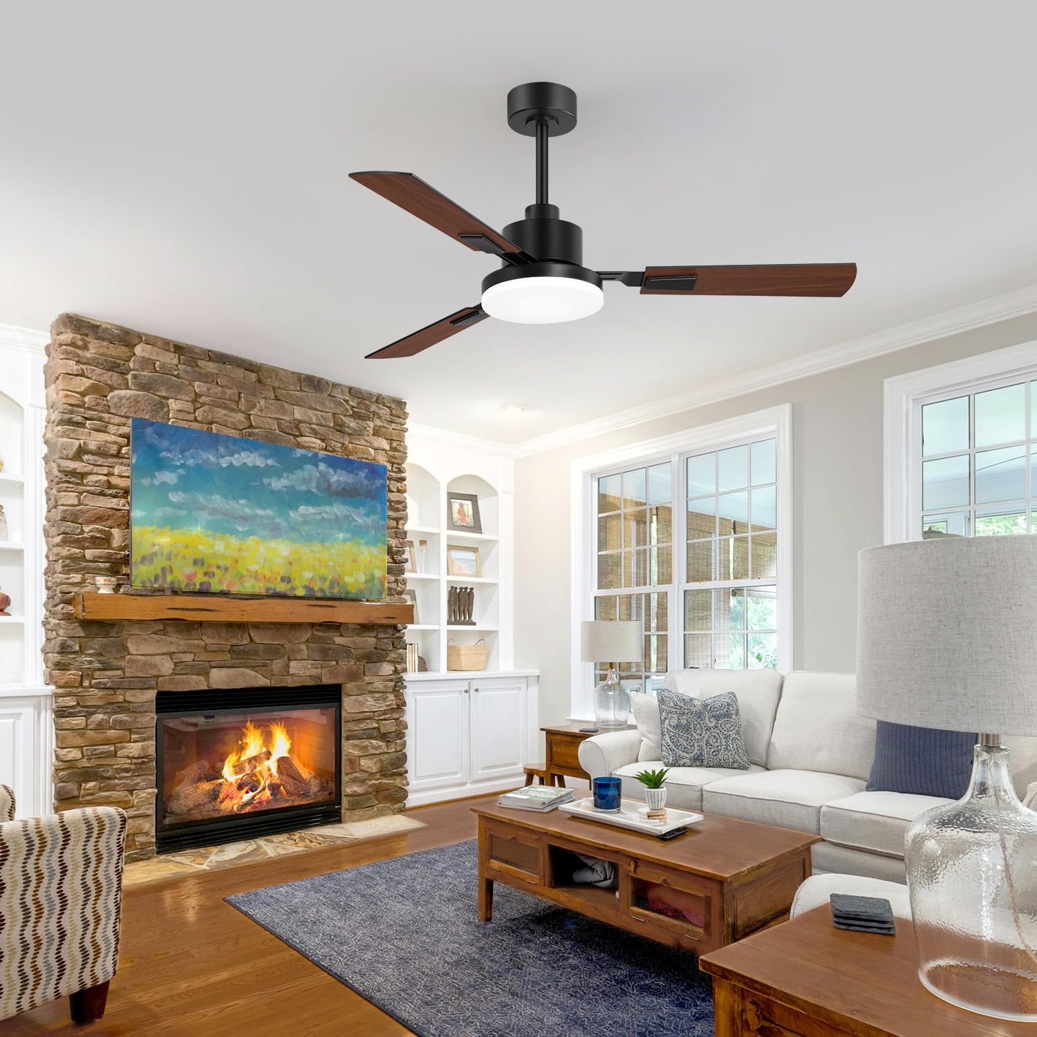 ZYD Ceiling Fans with Lights, 52 Inch Ceiling Fan with Light and Remote, Farmhouse Black Fan with Quiet Reversible DC Motor, 3 Blade LED Ceiling Fan with Light for Living Room, Bedroom, Family Room