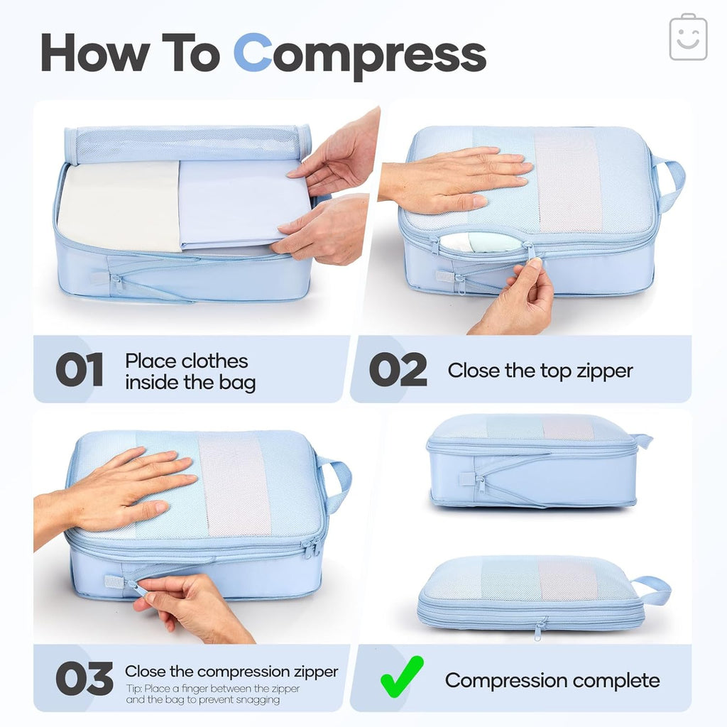 Veken Compression Packing Cubes - Expandable Travel Organizer Set | Durable Light Blue Luggage Bags