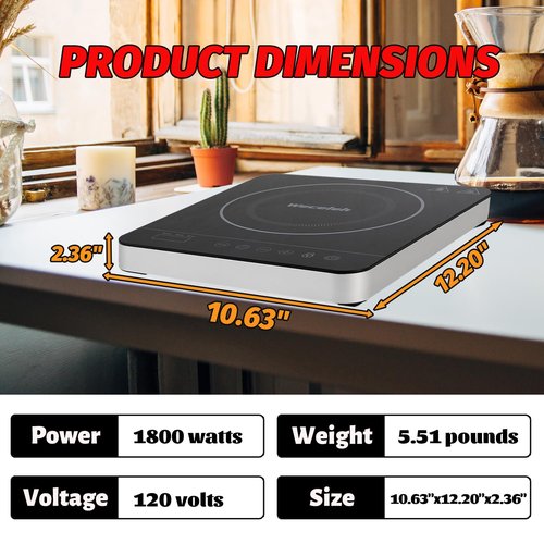 Weceleh Portable Single Induction Cooktop Hot Plate Countertop Burner Cooker 1 Burner, 1800W, 9 Power Levels, 10 Temp Levels, Timer, Auto-Shut-Off, Touch Panel, LED Display, Child Lock, Black