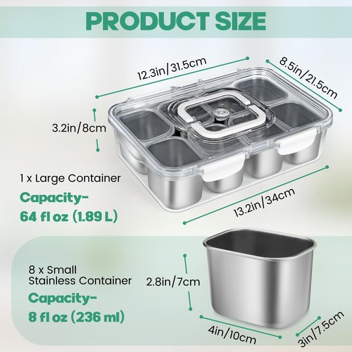 FANCILLA Snackle Box Container, 8 Compartment Stainless Steel Divided Serving Tray with Lid and Handle - Dishwasher Safe Clear Travel Party Snack Box, Versatile for Fruit Candy Nuts Veggie