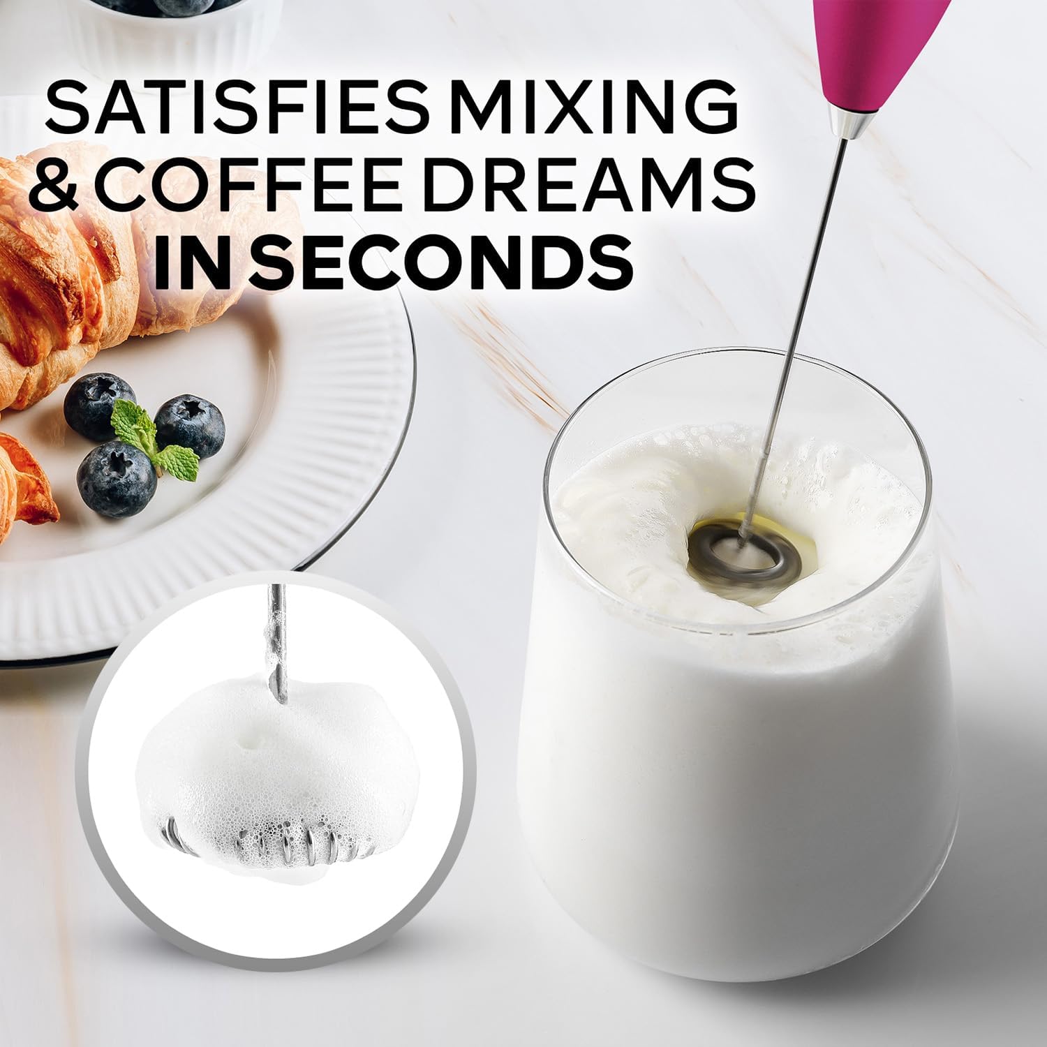 Zulay Kitchen Milk Frother Wand - Ultra-Fast Handheld Electric Whisk for Coffee & Lattes - Dragonfruit Color