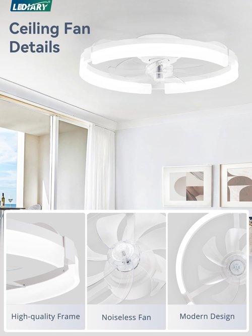 LEDIARY 20" Ceiling Fans with Lights and Remote, Modern Low Profile Ceiling Fan, 3 CCT, Stepless Dimmable, Fandelier Flush Mount Fan Light, 6 Speeds, DC Motor, App & Remote Control for Bedroom(White)