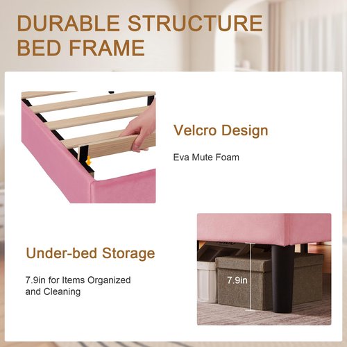 VECELO Twin Bed Frame, Platform Bed Frame with Adjustable Height Upholstered Headboard, Heavy-Duty Frames and Strong Wooden Slats Support, Non-Slip and Noise-Free, Easy Assembly, Pink