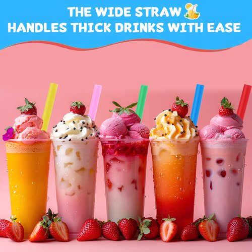 100 Pcs Jumbo Smoothie Boba Straws, Colorful Disposable Plastic Straws, Wide-Mouthed Milkshake Straw, Individually Wrapped Straw for Bubble Tea & Thick Beverages, Parties(0.43" Wide X 9.53" Long)