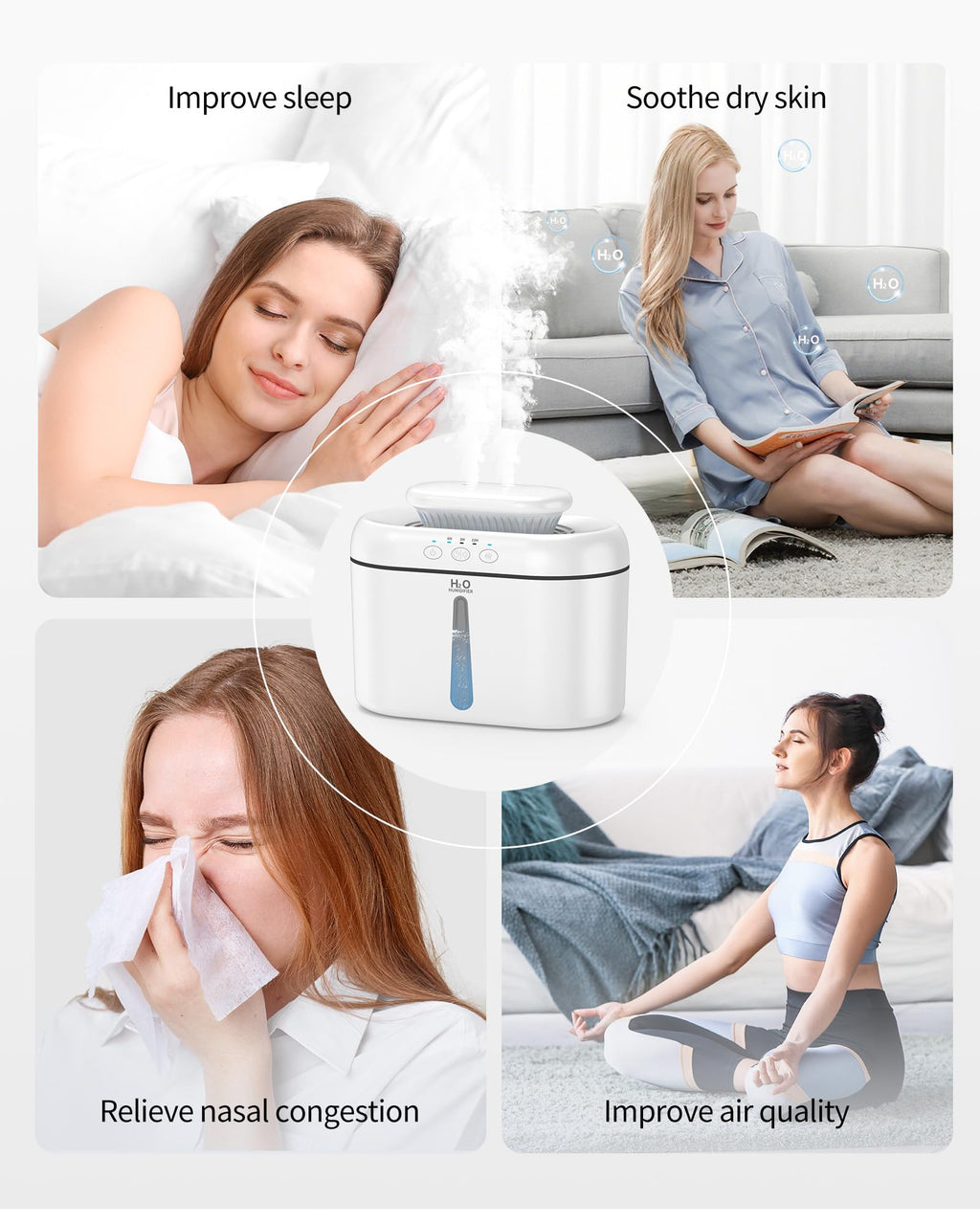 SZO Double Spray Humidifiers for Bedroom Large Room, 2.5L Cool Mist Humidifier for Plants Baby Nursery, Dual Nozzle Output, 16dB Quiet, Auto Shut-Off, Night Light, White