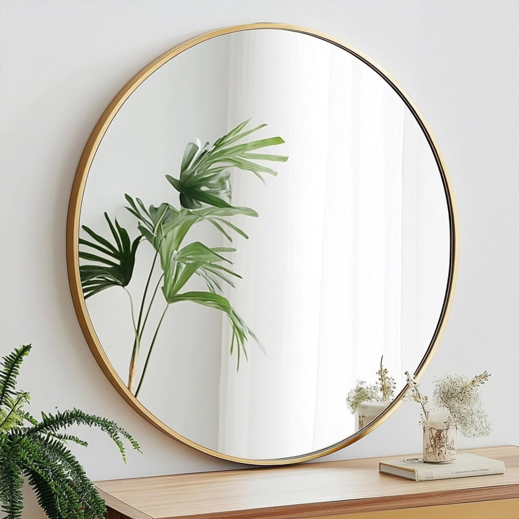 Oruii Gold Round Mirror, Gold Round Mirror 24 inch, Circle Wall Mirrors Metal Frame, Golden Circular Mirrors for Wall, Living Room, Bathroom, Entryway, Vanity, Hallway.