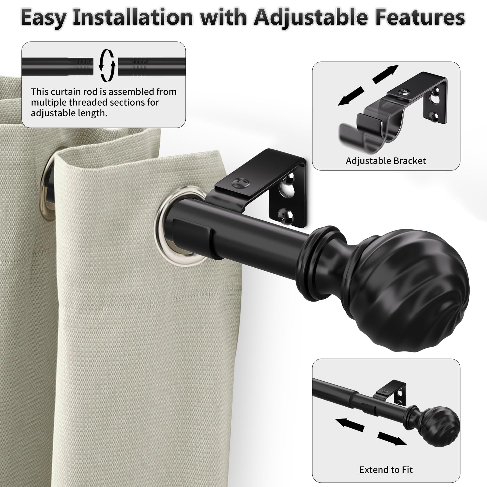 Curtain Rod for Sliding Glass Door, 34-93 Inch Adjustable 1 Inch Heavy Duty Drapery Rod, Window Treatment Rod for Bedroom, Living Room and Indoor Outdoor Use, Matte Black