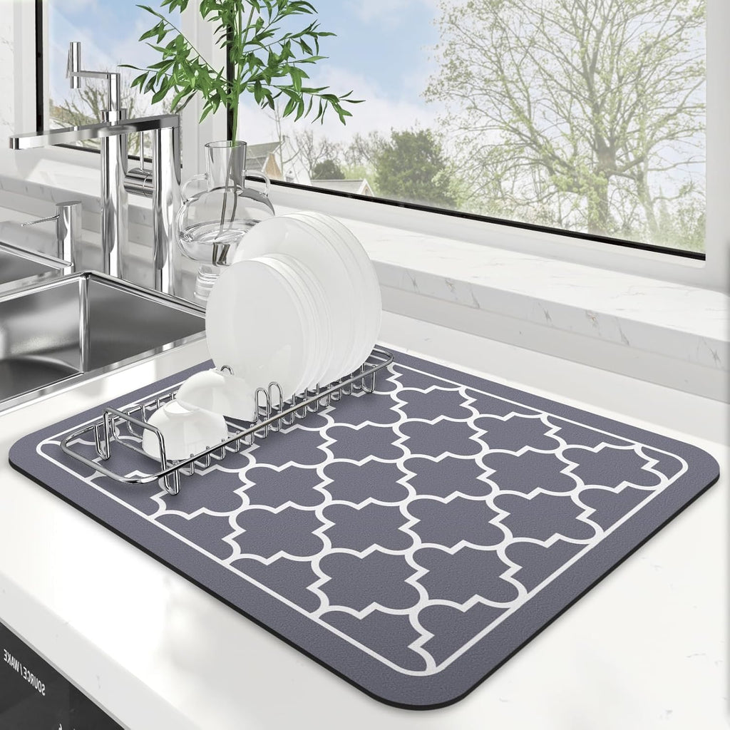WISELIFE Dish Drying Mat - Super Absorbent Kitchen Counter Mat | Large 15"x18" Stylish Grey Design