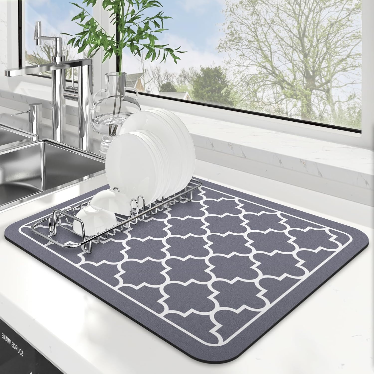 WISELIFE Dish Drying Mat - Super Absorbent Kitchen Counter Mat | Large 15"x18" Stylish Grey Design