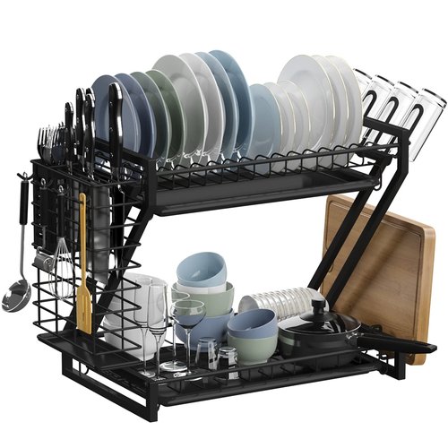 Loyalfire Dish Drying Rack, Stainless Steel 2 Tier Dish Rack with 2 Drainboard Set, Utensil Holder Dish Drainer, Cup Hanging Holder for Kitchen Counter with Multipurpose Design Easy Installation