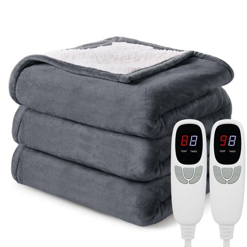 Heated Electric Blanket Queen Size 84"x90" Heating Blanket with Dual Control 9 Heating Levels 10 Timer Modes Auto Off, Fast Heating Over-Heat Protection Ultra Soft Flannel ETL Certified, Dark Gery
