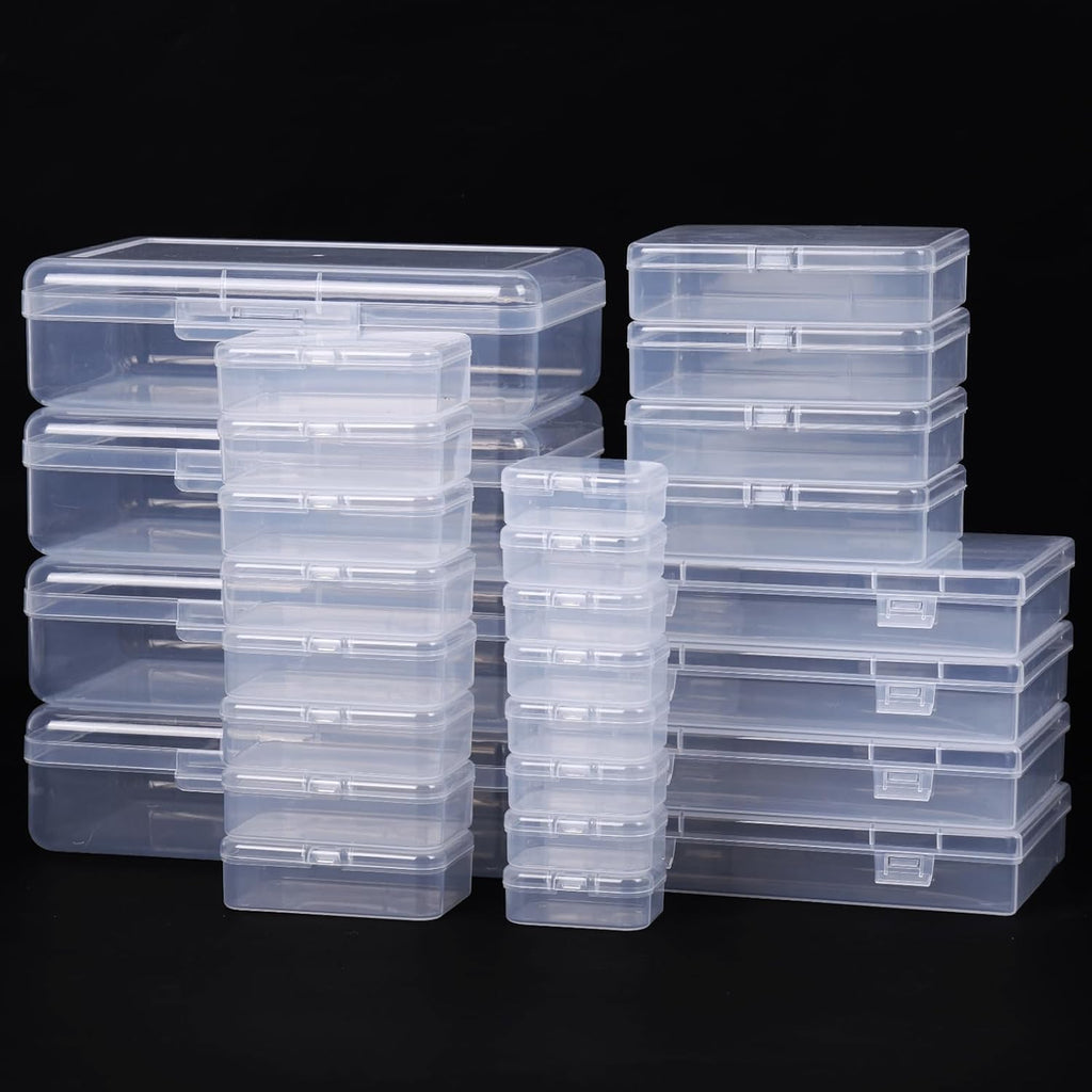QUEFE Small Storage Containers - 28 Pack Clear Plastic Boxes with Lids for Craft Organizers | Rectangular Bins