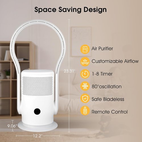 Bladeless Tower Fan - HEPA Filter, 80° Oscillation, Remote Control, 9 Speeds | White