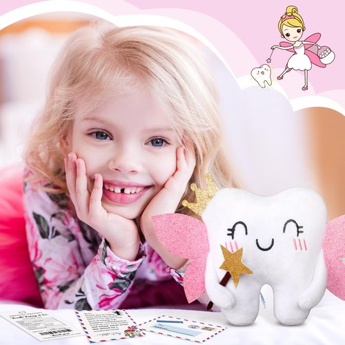 Threehoney Tooth Fairy Pillow Kit Includes Toothfairy Pillow with Pocket Fairy Glitter Receipt Envelope Card, Toothfairy Plush Keepsake Gift for Kids Boys Girls Souvenir (Cute Style)