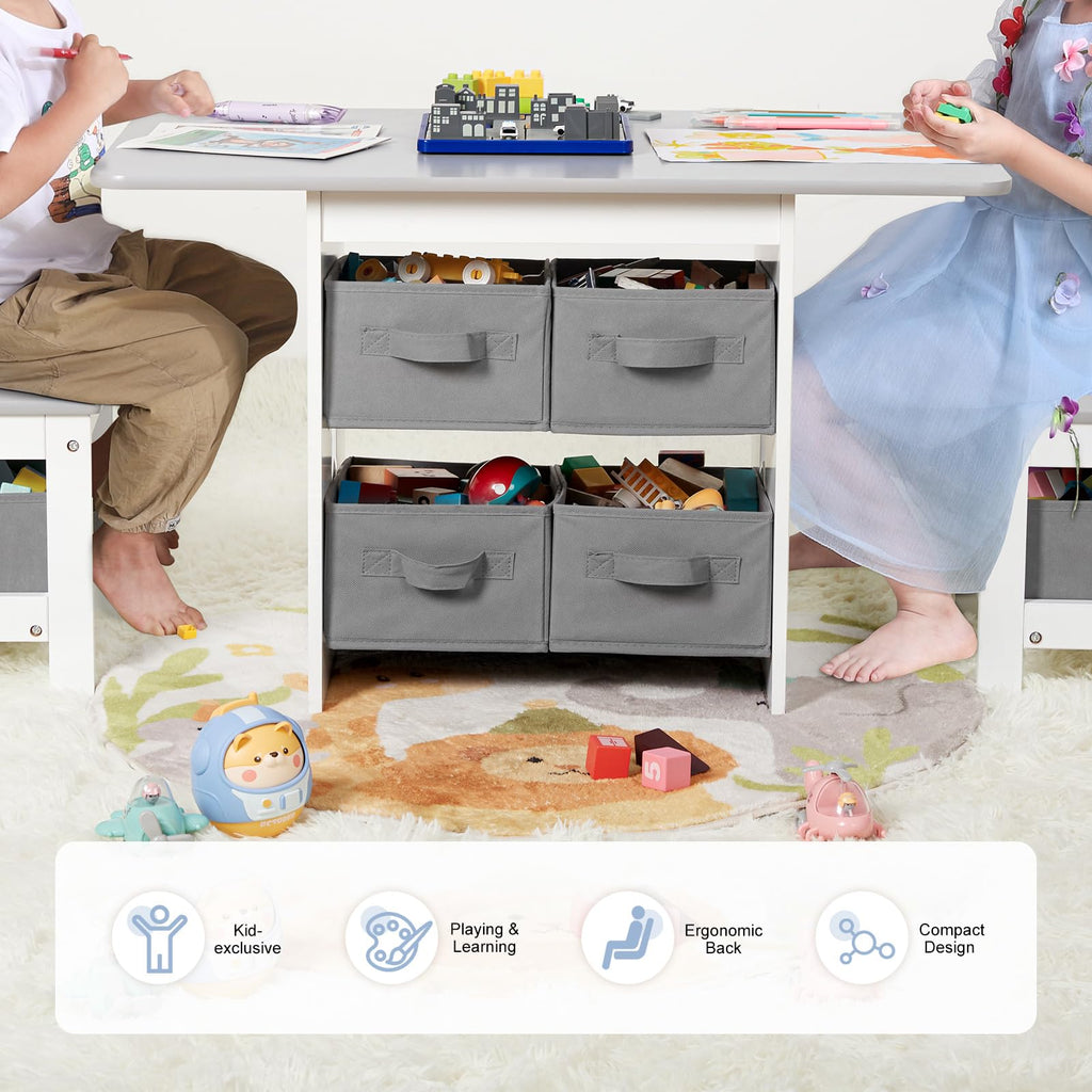 Vilaxing Kids Table and Chair Set (2 Chairs Included), Wooden Toddler Desk Group with 6 Storage Bins Boxes, Children's Furniture, Water Resistant (Gray)