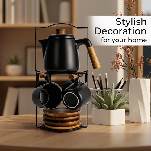 MIAMIO – 34 Oz Ceramic Tea Pot Set with Infuser and Cups/Tea Strainer, 4 Ceramic Tea Mugs (10 Oz), Bamboo Saucers/Handle for Home and Office (Black)