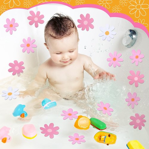 Chiisong 24 Pcs Flower Non Slip Bathtub Sticker Daisy Skidproof Shower Sticker Anti Slip Shower Decals Bathe Treads Adhesive Appliques Scraper Bright Flower Adhesive Decal for Bathroom Decor(Pink)
