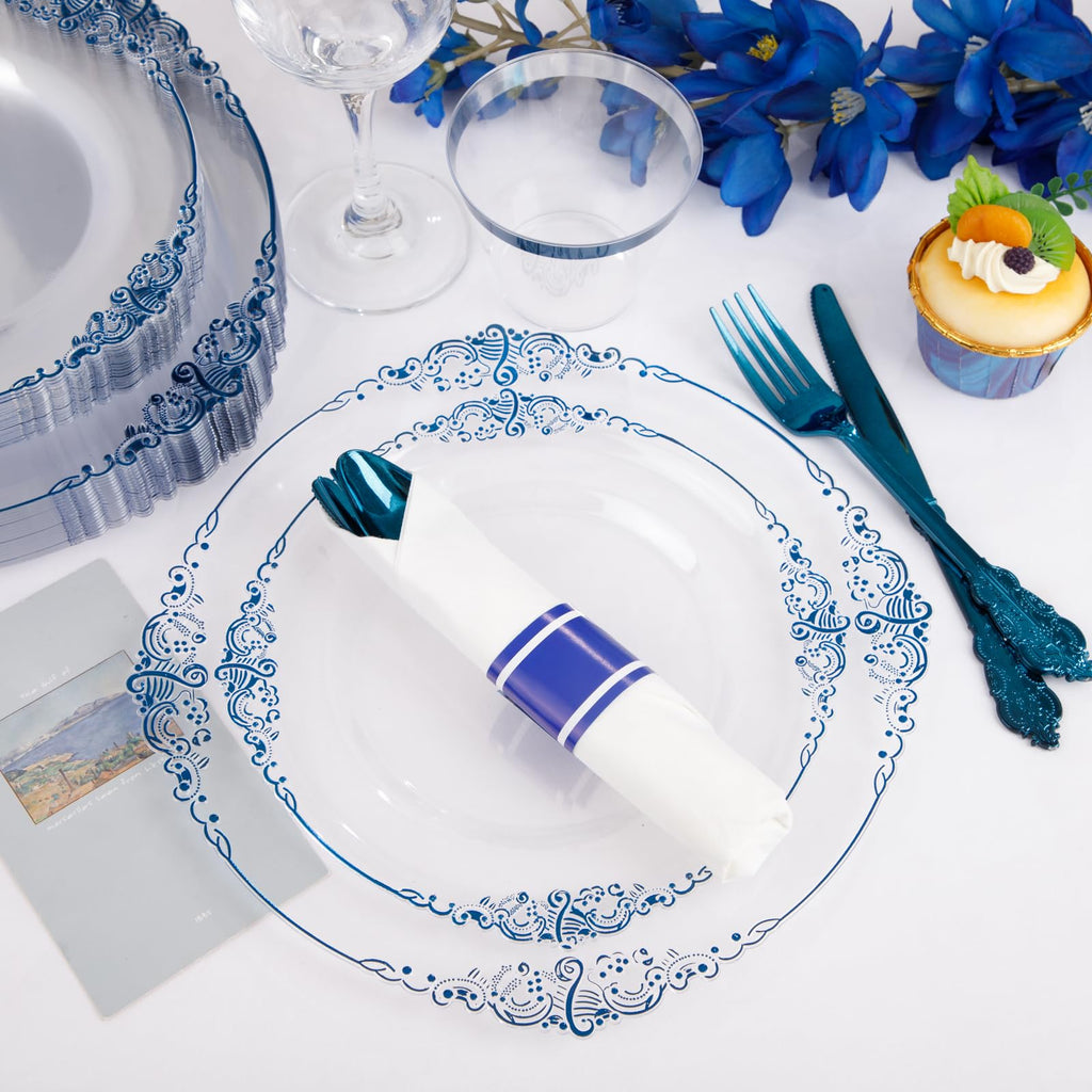 Hioasis 350pcs Clear Blue Plastic Plates - Elegant Disposable Dinnerware Set Suitable for 50 Guests Include 10.25" Dinner & 7.5" Dessert Plates, Pre Rolled Silverware Set, Cups for Party & Wedding
